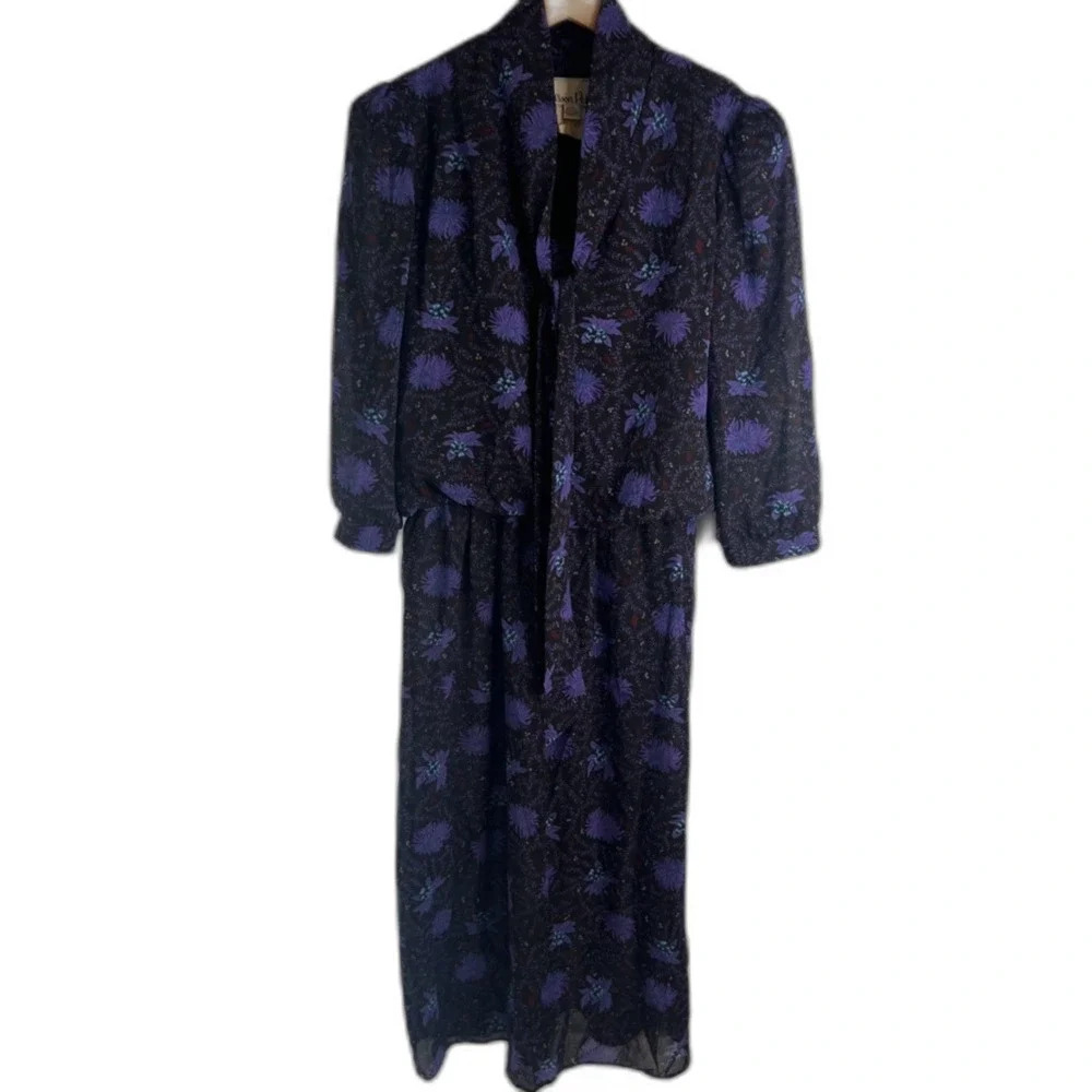 Alison Peters VTG Made in USA Purple Floral Blouson‎ Tie Neck Maxi Dress SZ 14 - Picture 9 of 9